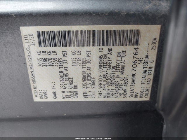 5N1AT3BA6MC706764 Nissan Rogue Sv Fwd