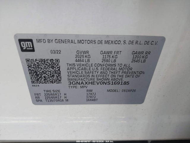 3GNAXHEV0NS169185 Chevrolet Equinox Fwd Ls
