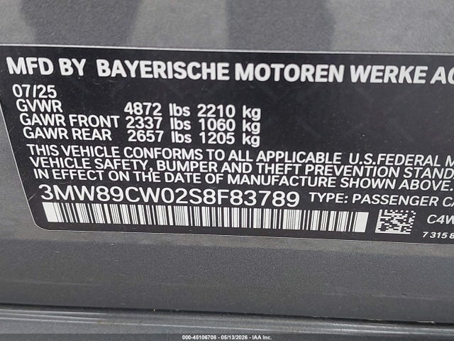 Aukcja sprzedaży 2025 Bmw 330i Xdrive, vin: 3MW89CW02S8F83789, numer aukcji: 45106708