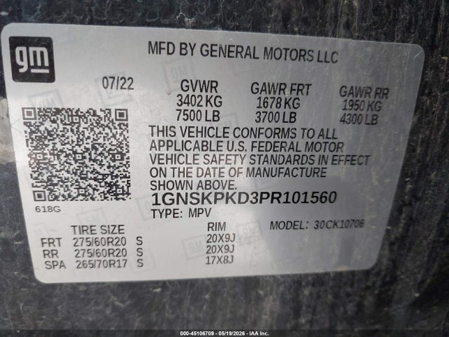 Продаж на аукціоні авто 2023 Chevrolet Tahoe 4wd Z71, vin: 1GNSKPKD3PR101560, номер лоту: 45106709