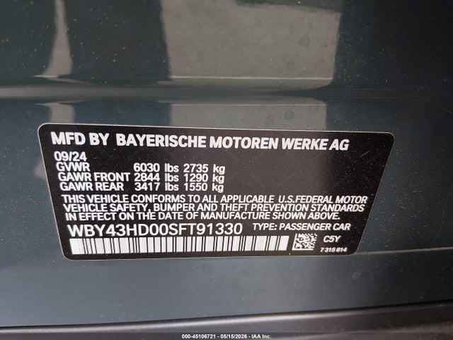 Aukcja sprzedaży 2025 Bmw I4 Gran Coupe Xdrive40, vin: WBY43HD00SFT91330, numer aukcji: 45106721