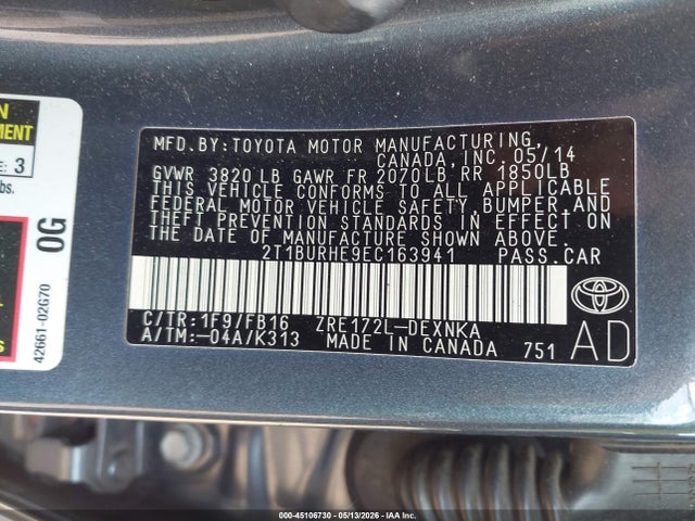 2014 Toyota Corolla Le მანქანა იყიდება აუქციონზე, vin: 2T1BURHE9EC163941, აუქციონის ნომერი: 45106730