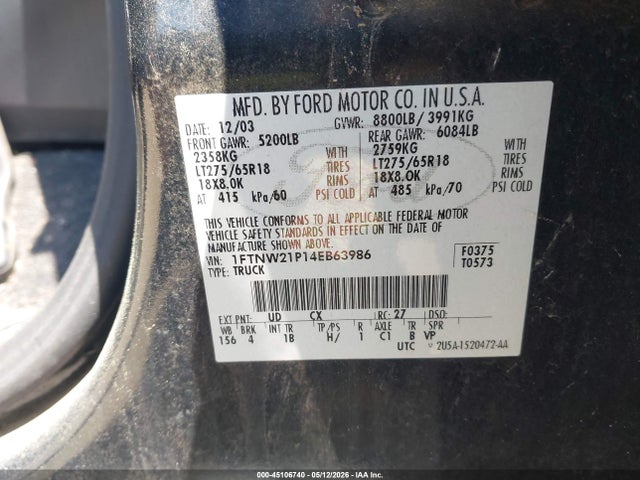 Aukcja sprzedaży 2004 Ford F-250 Lariat/xl/xlt, vin: 1FTNW21P14EB63986, numer aukcji: 45106740