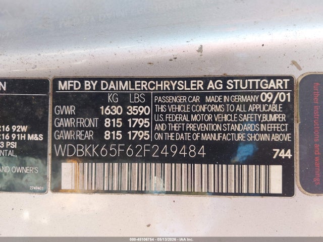 Aukcja sprzedaży 2002 Mercedes-benz Slk 320, vin: WDBKK65F62F249484, numer aukcji: 45106754