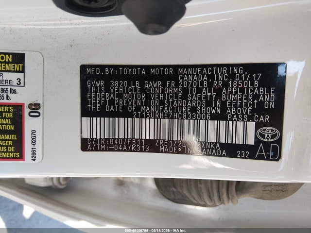 Aukcja sprzedaży 2017 Toyota Corolla Le, vin: 2T1BURHE7HC833006, numer aukcji: 45106755