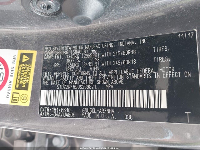 Продажа на аукционе авто 2018 Toyota Highlander Le, vin: 5TDZZRFH9JS239821, номер лота: 45106756