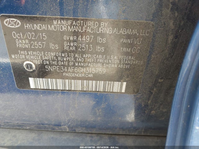 Aukcja sprzedaży 2016 Hyundai Sonata Sport, vin: 5NPE34AF6GH315759, numer aukcji: 45106759