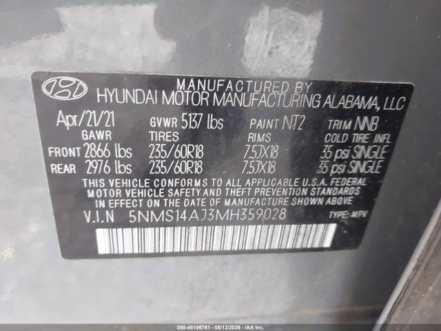Продаж на аукціоні авто 2021 Hyundai Santa Fe Se, vin: 5NMS14AJ3MH359028, номер лоту: 45106761
