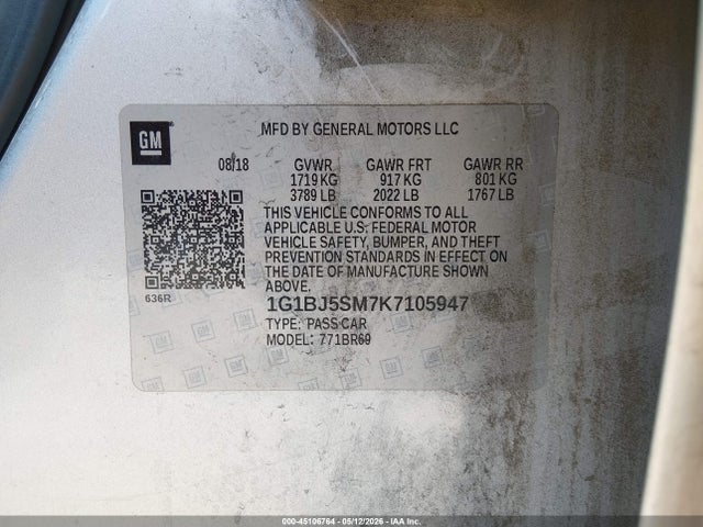 Aukcja sprzedaży 2019 Chevrolet Cruze Diesel, vin: 1G1BJ5SM7K7105947, numer aukcji: 45106764