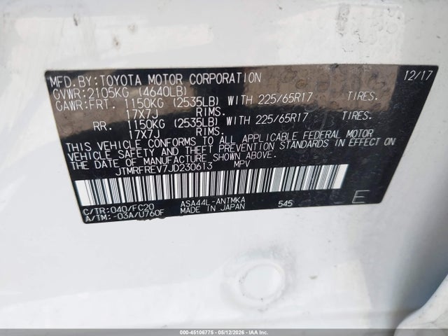 2018 Toyota Rav4 Xle მანქანა იყიდება აუქციონზე, vin: JTMRFREV7JD230613, აუქციონის ნომერი: 45106775