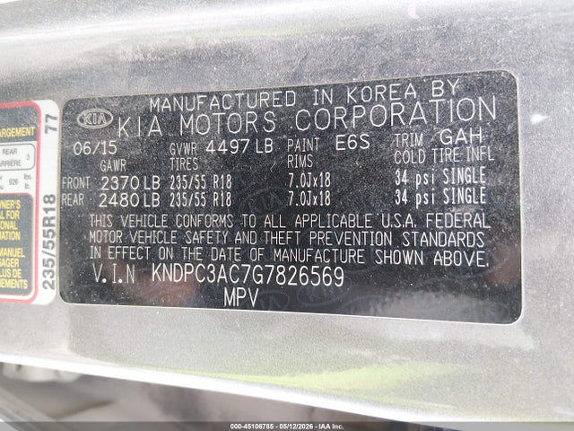 Aukcja sprzedaży 2016 Kia Sportage Ex, vin: KNDPC3AC7G7826569, numer aukcji: 45106785