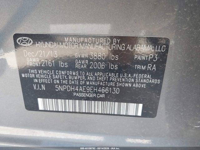 2014 Hyundai Elantra Se მანქანა იყიდება აუქციონზე, vin: 5NPDH4AE9EH466130, აუქციონის ნომერი: 45106792