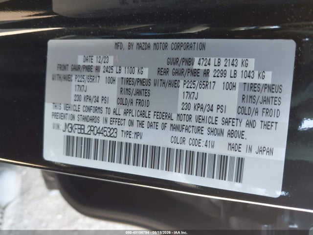 Aukcja sprzedaży 2024 Mazda Cx-5 2.5 S Select, vin: JM3KFBBL2R0445323, numer aukcji: 45106794