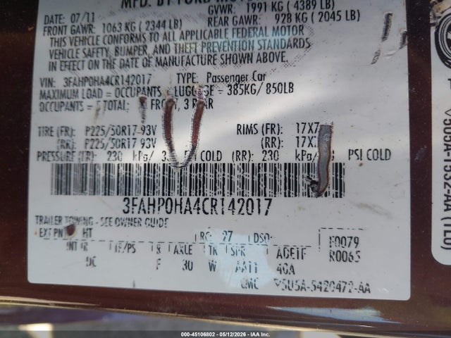 Aukcja sprzedaży 2012 Ford Fusion Se, vin: 3FAHP0HA4CR142017, numer aukcji: 45106802