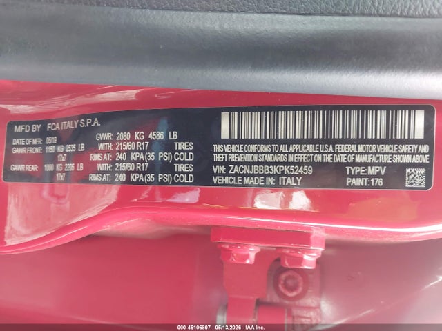 2019 Jeep Renegade Latitude 4x4 მანქანა იყიდება აუქციონზე, vin: ZACNJBBB3KPK52459, აუქციონის ნომერი: 45106807