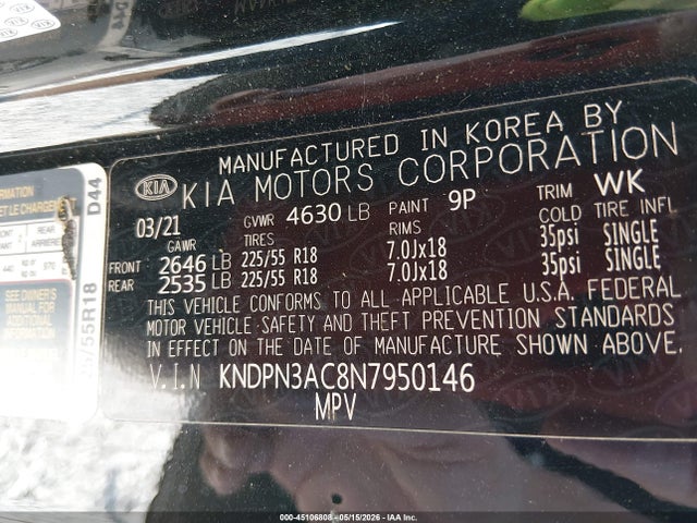 Aukcja sprzedaży 2022 Kia Sportage Ex, vin: KNDPN3AC8N7950146, numer aukcji: 45106808