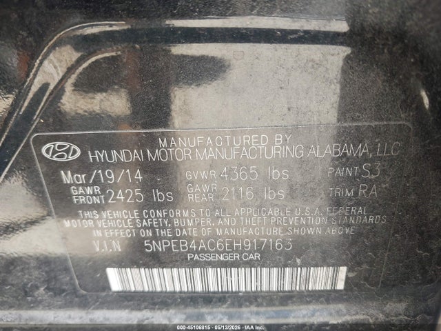 2014 Hyundai Sonata Gls მანქანა იყიდება აუქციონზე, vin: 5NPEB4AC6EH917163, აუქციონის ნომერი: 45106815