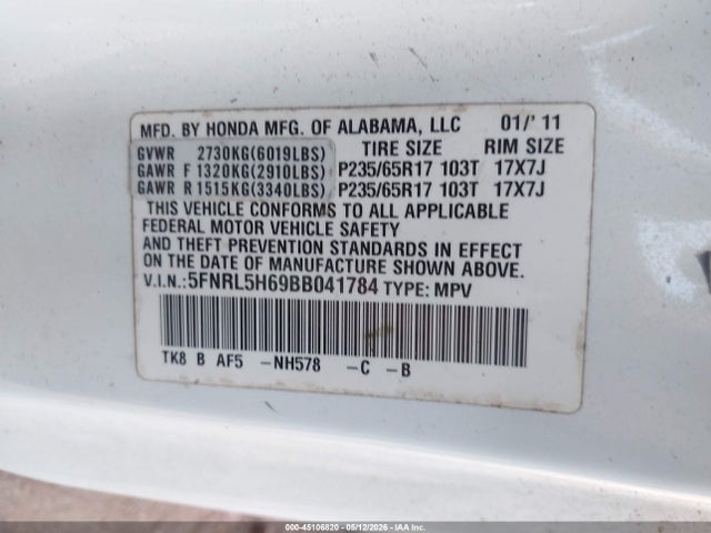 2011 Honda Odyssey Ex-l მანქანა იყიდება აუქციონზე, vin: 5FNRL5H69BB041784, აუქციონის ნომერი: 45106820