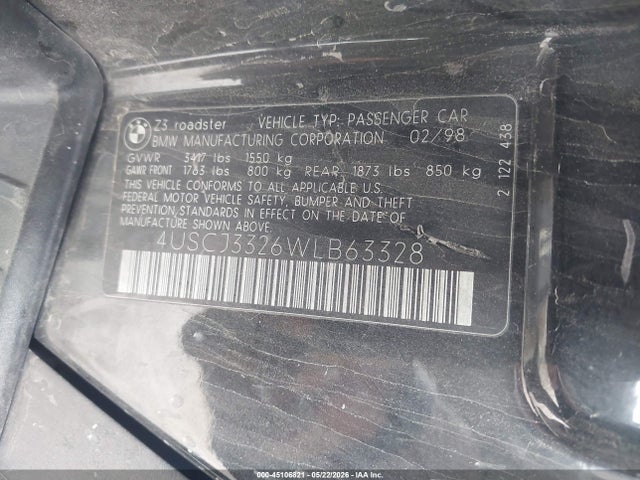 45106821 :رقم المزاد ، 4USCJ3326WLB63328 vin ، 1998 Bmw Z3 2.8 مزاد بيع