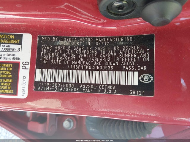Aukcja sprzedaży 2012 Toyota Camry Le, vin: 4T1BF1FK0CU600936, numer aukcji: 45106824