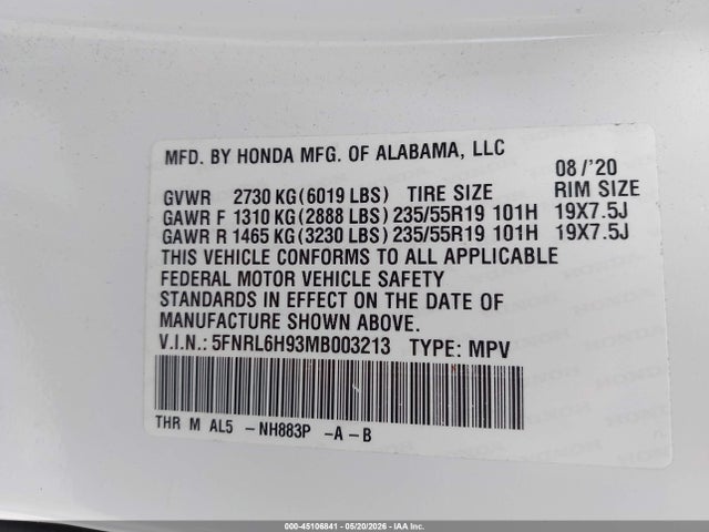 Продаж на аукціоні авто 2021 Honda Odyssey Elite, vin: 5FNRL6H93MB003213, номер лоту: 45106841