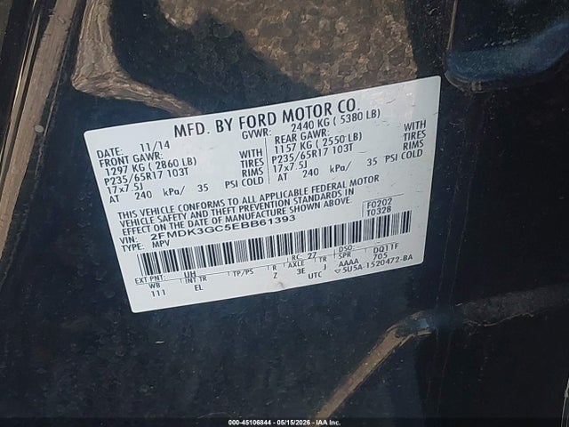 45106844 :رقم المزاد ، 2FMDK3GC5EBB61393 vin ، 2014 Ford Edge Se مزاد بيع