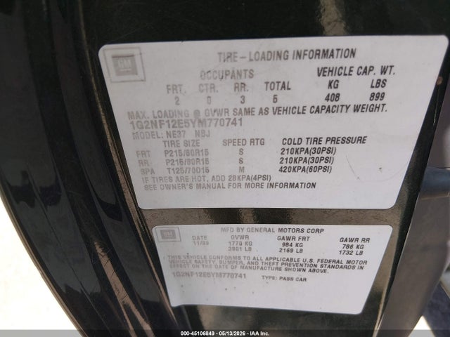 45106849 :رقم المزاد ، 1G2NF12E5YM770741 vin ، 2000 Pontiac Grand Am Se1 مزاد بيع