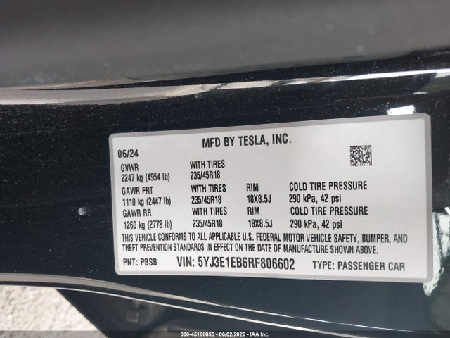 Продаж на аукціоні авто 2024 Tesla Model 3 Long Range Dual Motor All-wheel Drive, vin: 5YJ3E1EB6RF806602, номер лоту: 45106855