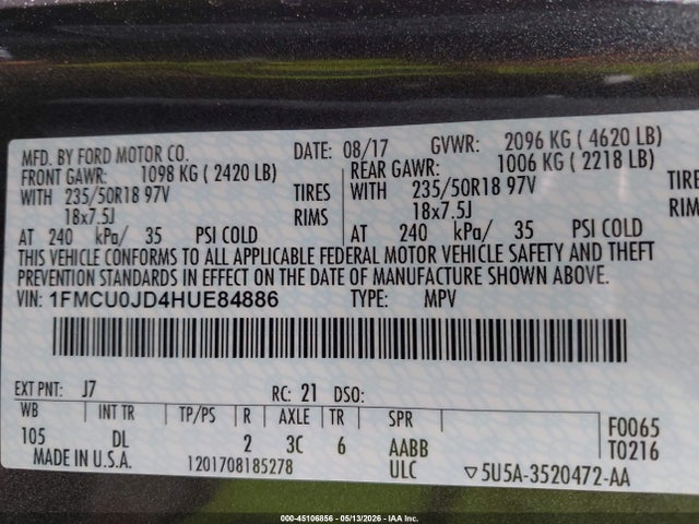 Продаж на аукціоні авто 2017 Ford Escape Titanium, vin: 1FMCU0JD4HUE84886, номер лоту: 45106856