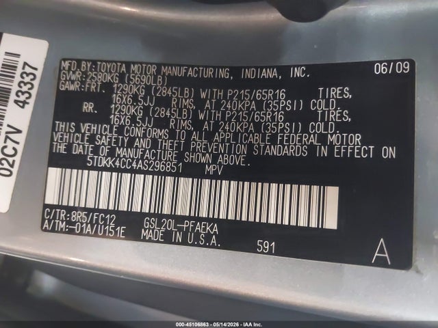 Aukcja sprzedaży 2010 Toyota Sienna Le, vin: 5TDKK4CC4AS296851, numer aukcji: 45106863