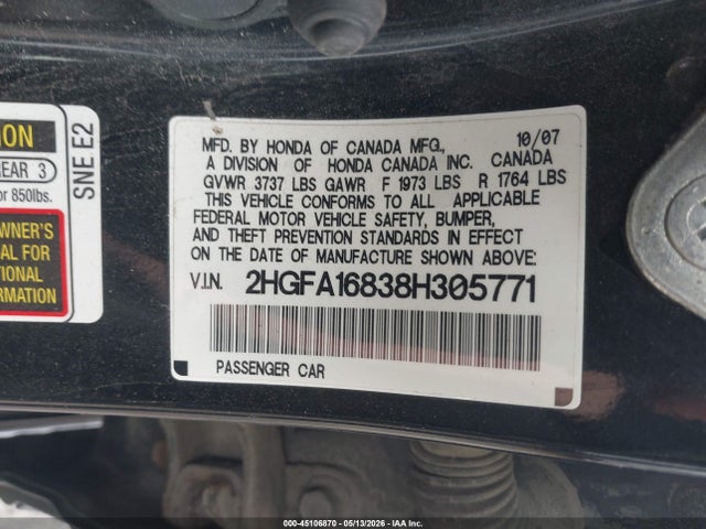 45106870 :رقم المزاد ، 2HGFA16838H305771 vin ، 2008 Honda Civic Ex مزاد بيع