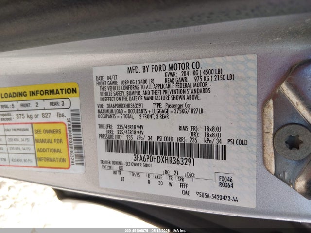 45106879 :رقم المزاد ، 3FA6P0HDXHR363291 vin ، 2017 Ford Fusion Se مزاد بيع