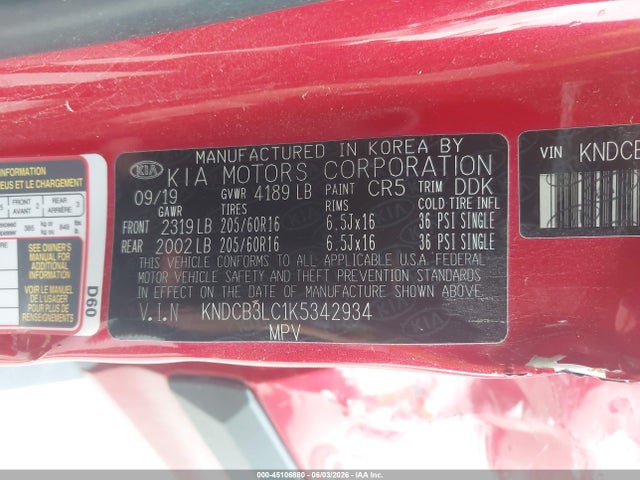 45106880 :رقم المزاد ، KNDCB3LC1K5342934 vin ، 2019 Kia Niro Lx مزاد بيع
