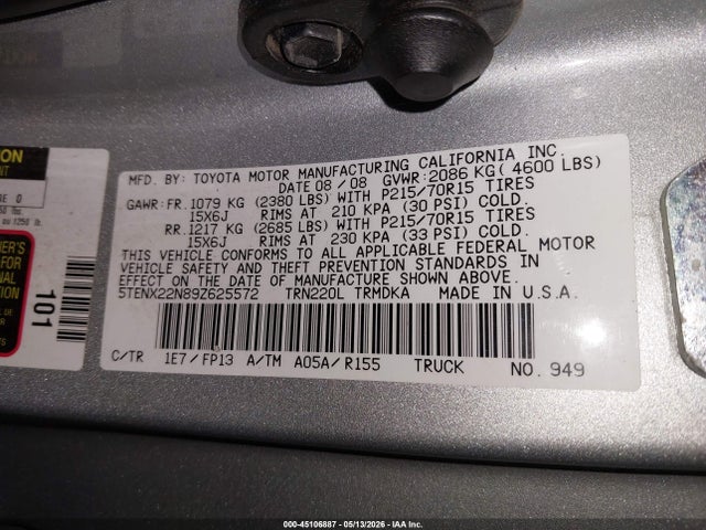 45106887 :رقم المزاد ، 5TENX22N89Z625572 vin ، 2009 Toyota Tacoma مزاد بيع