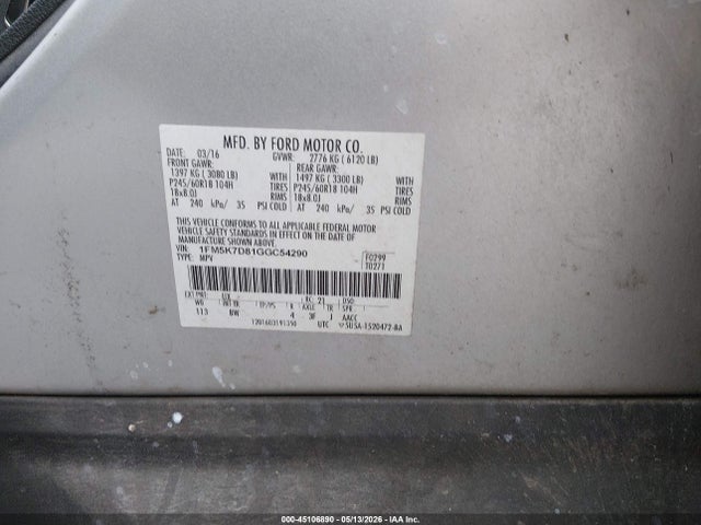 45106890 :رقم المزاد ، 1FM5K7D81GGC54290 vin ، 2016 Ford Explorer Xlt مزاد بيع