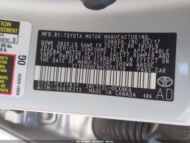Aukcja sprzedaży 2017 Toyota Corolla Le, vin: 2T1BURHE9HC922219, numer aukcji: 45106901