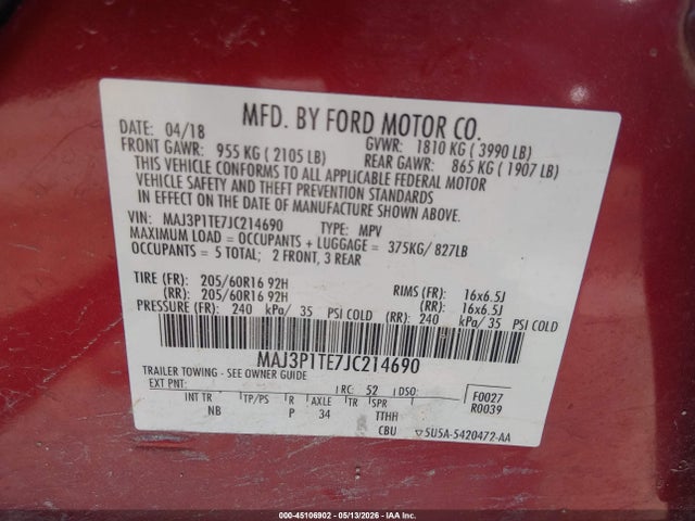 Aukcja sprzedaży 2018 Ford Ecosport Se, vin: MAJ3P1TE7JC214690, numer aukcji: 45106902