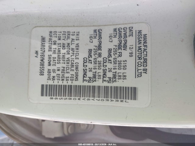 45106919 :رقم المزاد ، JNRAR07Y6YW085568 vin ، 2000 Infiniti Qx4 مزاد بيع