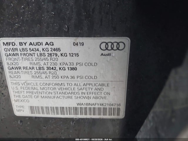 Aukcja sprzedaży 2019 Audi Q5 45 Premium, vin: WA1BNAFY4K2104716, numer aukcji: 45106921