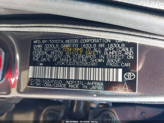 2014 Toyota Yaris L (tmc/cbu Plant)/le (tmc/cbu Plant)/se (tmc/cbu Plant) მანქანა იყიდება აუქციონზე, vin: JTDKTUD37ED582481, აუქციონის ნომერი: 45106922