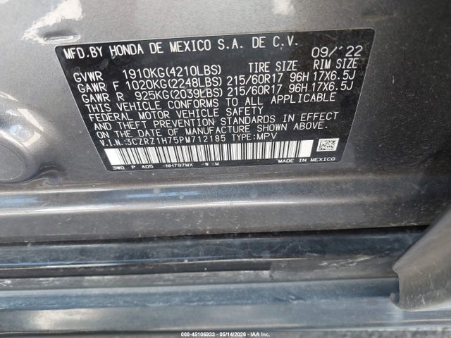Продаж на аукціоні авто 2023 Honda Hr-v 2wd Ex-l, vin: 3CZRZ1H75PM712185, номер лоту: 45106933
