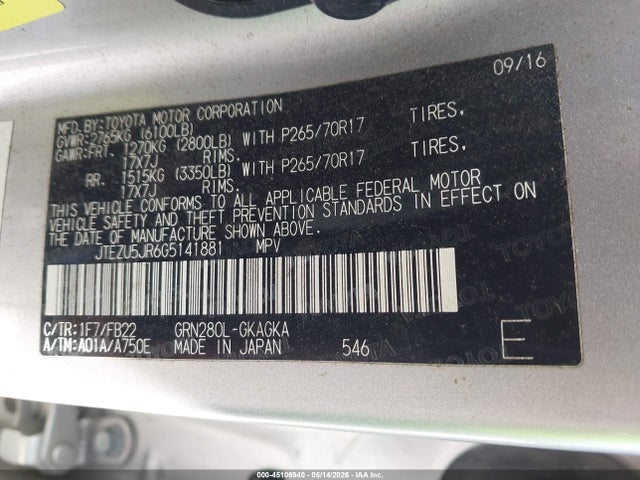 JTEZU5JR6G5141881 Toyota 4RUNNER SR5