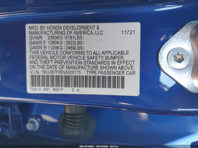 2022 Acura Tlx Type S მანქანა იყიდება აუქციონზე, vin: 19UUB7F06NA000115, აუქციონის ნომერი: 45106941
