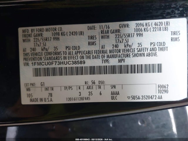 Aukcja sprzedaży 2017 Ford Escape S, vin: 1FMCU0F73HUC38589, numer aukcji: 45106943