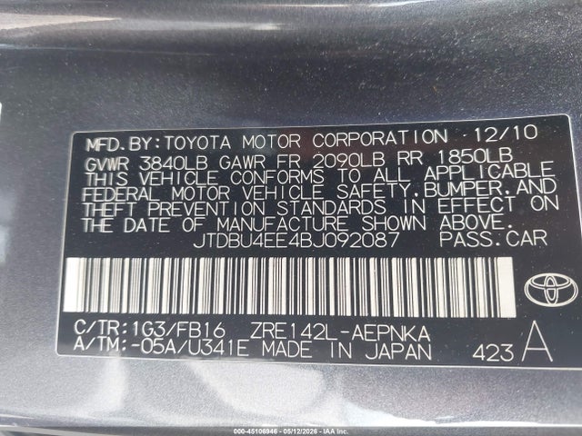 Продажа на аукционе авто 2011 Toyota Corolla Le, vin: JTDBU4EE4BJ092087, номер лота: 45106946
