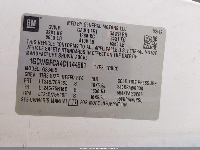 Продажа на аукционе авто 2012 Chevrolet Express 2500 Work Van, vin: 1GCWGFCA4C1144601, номер лота: 45106954