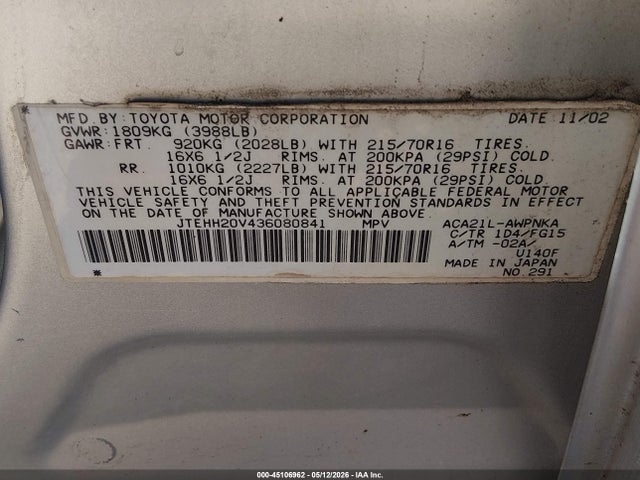 45106962 :رقم المزاد ، JTEHH20V436080841 vin ، 2003 Toyota Rav4 مزاد بيع