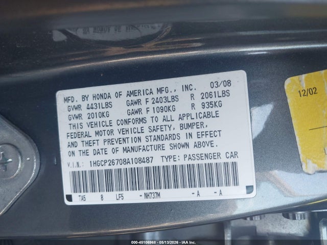 45106968 :رقم المزاد ، 1HGCP26708A108487 vin ، 2008 Honda Accord 2.4 Ex مزاد بيع
