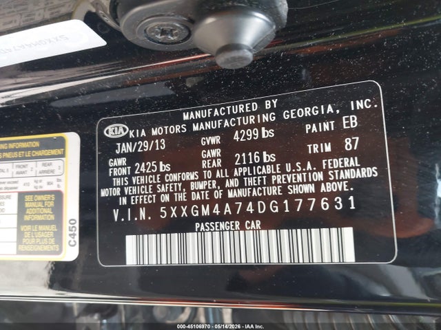 Продажа на аукционе авто 2013 Kia Optima Lx, vin: 5XXGM4A74DG177631, номер лота: 45106970