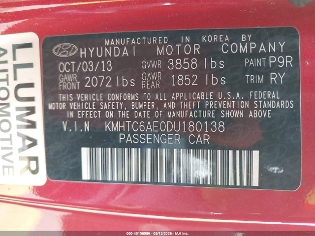 2013 Hyundai Veloster Turbo W/black მანქანა იყიდება აუქციონზე, vin: KMHTC6AE0DU180138, აუქციონის ნომერი: 45106996